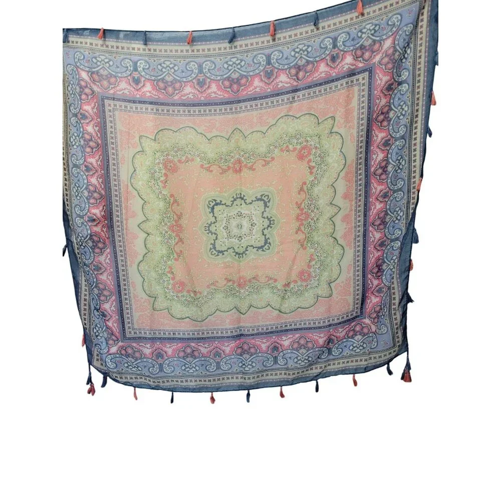 Sundance Multicolor‎ Square Scarf Wrap Tassels Boho Style 100% Polyester 39x42